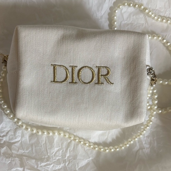 Christian Dior White Canvas Clutch with Gold Lettering Pearl Crossbody strap new - Picture 1 of 6